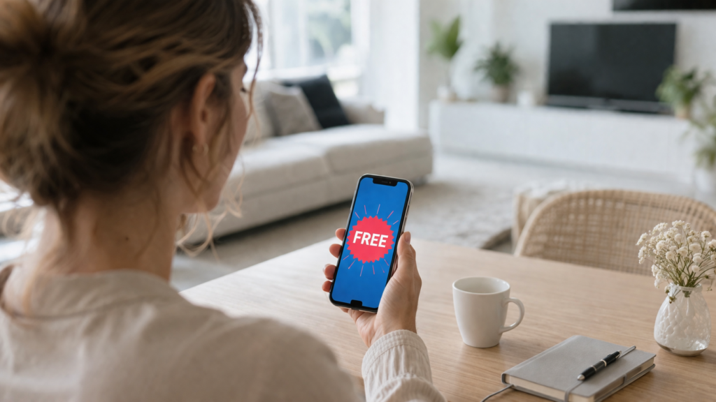 dame kijkt op smartphone, hierop is in het groot het woord
gratis te zien