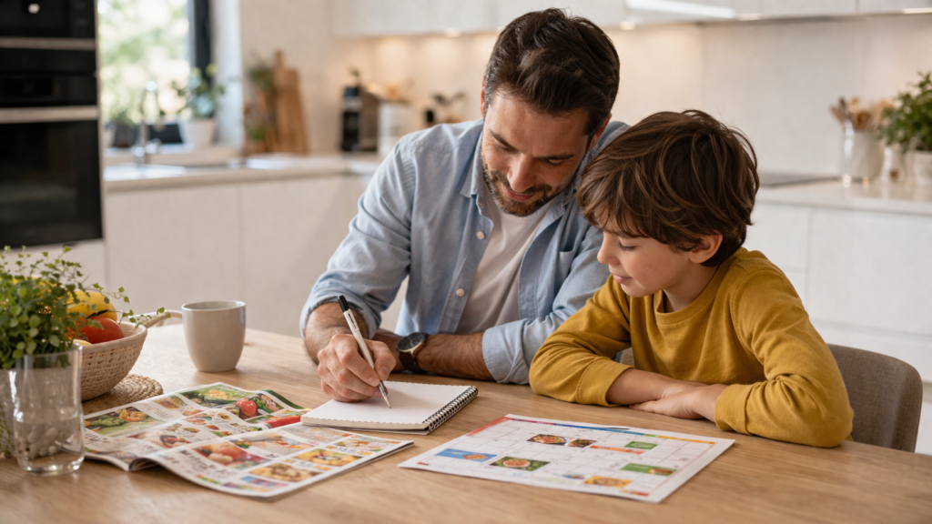 praten over geld met kinderen: vader en kind samen aan tafel